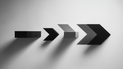 Abstract black directional symbols with sharp shadows on white, geometric precision in modern design