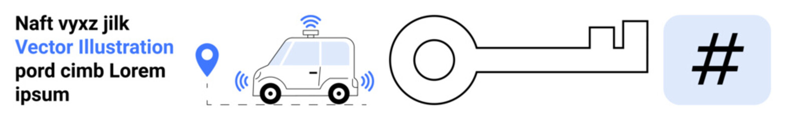 Self-driving car with wireless signals, location pin, key, and metadata tag icon. Ideal for technology, automation, IoT, security, navigation social media modern minimalistic design simple