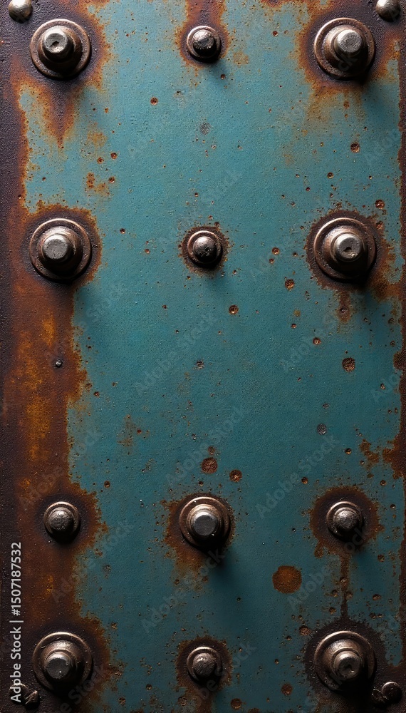 Wall mural close-up shot of numerous metal rivets on a textured metallic background industrial, grunge, and mec