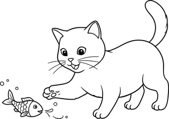Obraz premium Cat playing with fish lineart illustration suitable for coloring book animal activity design