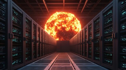 Hacking crisis concept. Data center with a fiery sun-like explosion in the background.