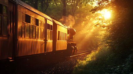 acercamiento de un vagon de tren o ferrocarril pasando por las vias con una puesta del sol entre el bosque al atardecer medio de transporte