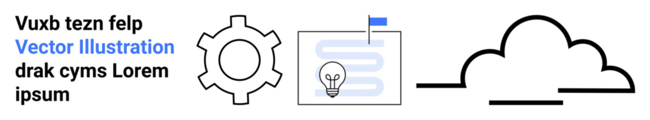 Gear, lightbulb in a frame with flag, and cloudline. Ideal for innovation, tech, teamwork, strategy, planning, creative processes simple landing page