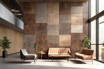 Modern office lobby with warm color palette