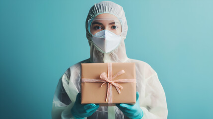 A gift box in the hands of medical personnel wearing protective clothing
