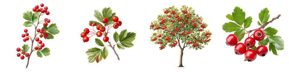 Fototapeta premium Vibrant clusters of red hawthorn berries on intricate green foliage, showcasing natural beauty and elegance, ideal for botanical designs and nature-themed projects