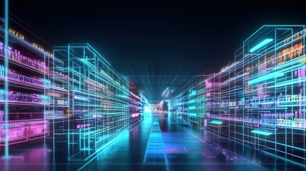 Abstract digital virtual warehouse with shelves of data and glowing neon lights, futuristic technology concept for business innovation, data storage solutions, and cybernetic infrastructure in cyberpu