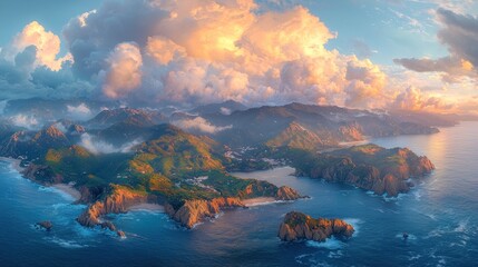 Island Coastline View with Dramatic Clouds and Turquoise Ocean Scenery