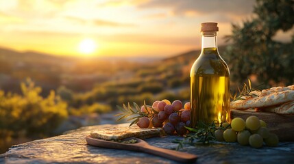 Olive Oil Bottle at Sunset with Grapes, Pita, and Wooden Spoon. Copy Space. Generative AI.