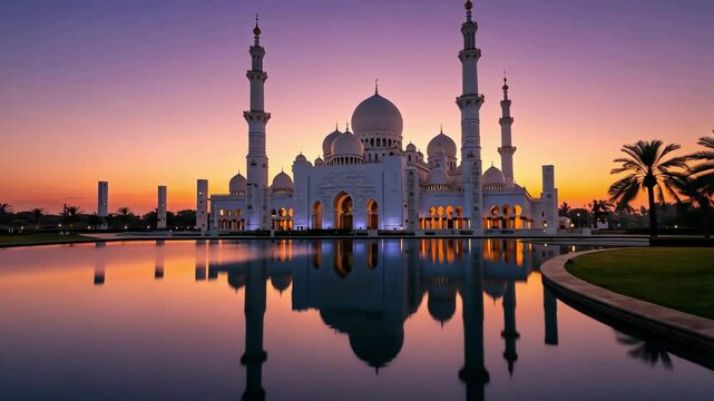 Grand mosque at dawn, Abu Dhabi. Serene scene.