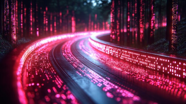 Glowing Data Stream Flowing Through Forest Road Technology Concept