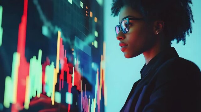 Woman with glasses analyzing stock data on a digital wall displaying financial information trends