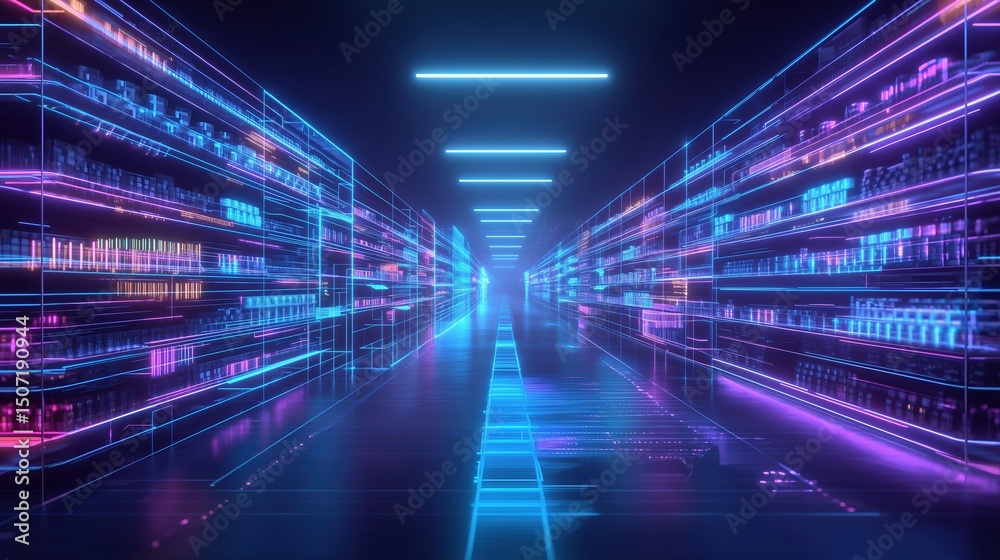 Poster abstract digital virtual warehouse with shelves of data and glowing neon lights, futuristic technolo
