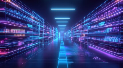 Abstract digital virtual warehouse with shelves of data and glowing neon lights, futuristic technology concept for business innovation, data storage solutions, and cybernetic infrastructure in cyberpu