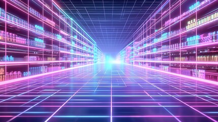 Abstract digital virtual warehouse with shelves of data and glowing neon lights, futuristic technology concept for business innovation, data storage solutions, and cybernetic infrastructure in cyberpu