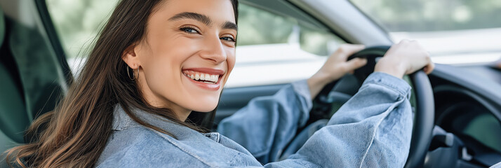 A woman is smiling and driving a car. She is wearing a blue jacket. The car is white