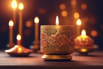 Ornate Golden Candle Holder with Lit Candle and Warm Background Lights, Perfect for Spiritual or Festive Designs