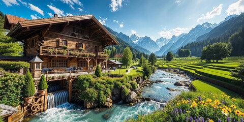 Naklejka premium Wooden Chalet, Water Wheel & Mountain Views