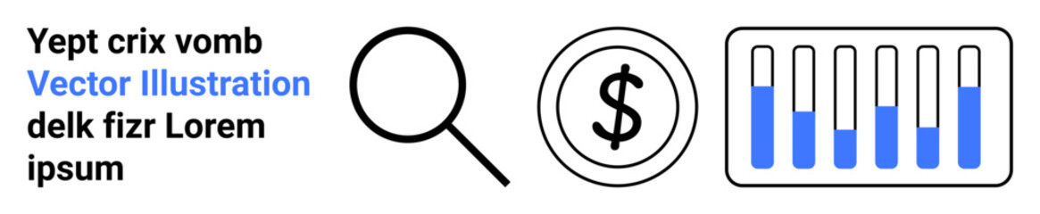 Magnifying glass, dollar symbol, and test tubes with liquid. Ideal for research, finance, data analysis, science, marketing, biotechnology simple landing page
