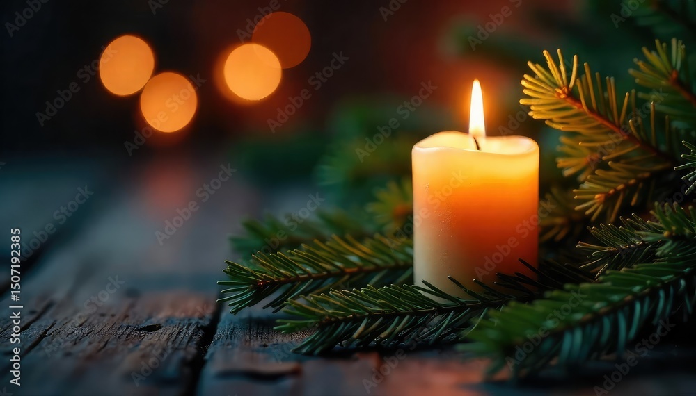 Wall mural cozy scene of flickering candlelight illuminating a rustic pine branch, creating a warm and inviting