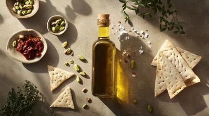 Olive Oil Bottle with Pistachios, Sun-Dried Tomatoes, and Flatbread. Copy Space. Generative AI.