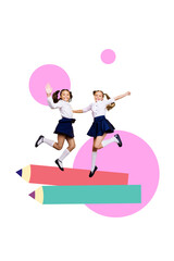 3d pop zine image photo art collage of two happy schoolgirls jump pencil doodle back to school education supplies classmate