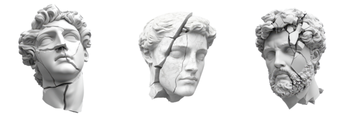 3D rendering of a broken marble head sculpture in classical style, monochrome grey tones, isolated on Transparent PNG diecut