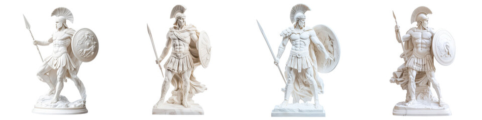 White marble Spartan soldier statue, detailed warrior figure, isolated on Transparent PNG diecut
