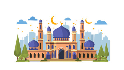 Obraz premium Night View of a Mosque with a Crescent Moon