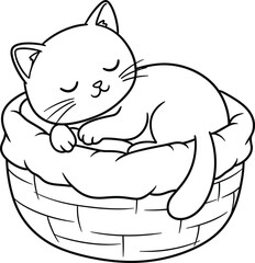 Fototapeta premium Cat sleeping in basket lineart illustration suitable for coloring book calm resting feline drawing peaceful design 