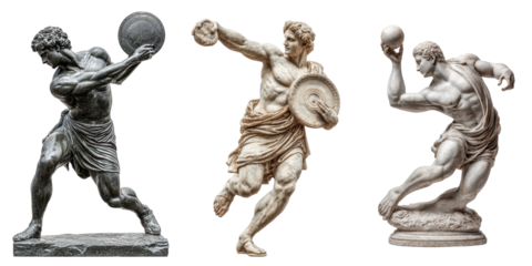 Discus thrower statue Roman copy of Greek sculpture, ancient Olymp games, isolated on Transparent PNG diecut