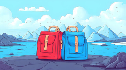 Two colorful backpacks stand on a rocky shore beside a tranquil lake.