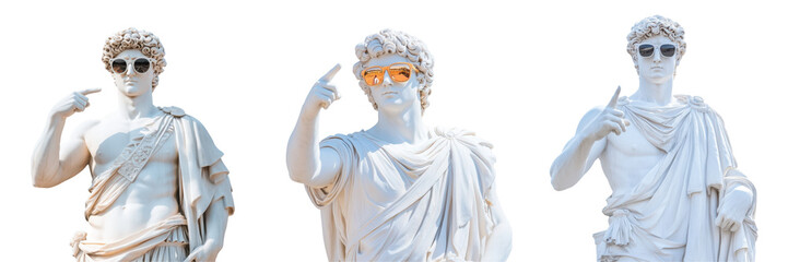 Greek male statue in sunglasses pointing at your ad, classic Greek style isolated on Transparent PNG diecut