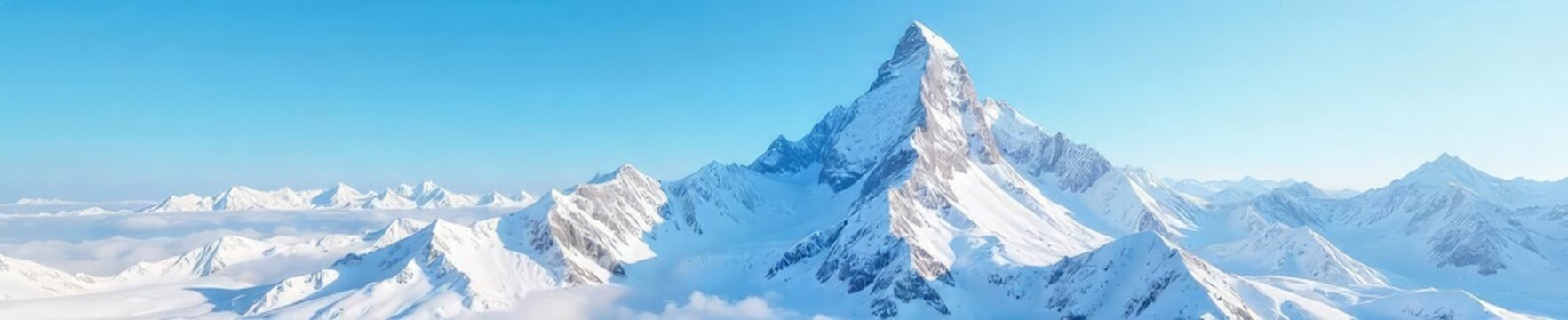 Majestic snow-capped mountain peak rising above a pristine, untouched landscape under a clear blue sky Perfect for winter, nature, and travel themes , summit, elevation