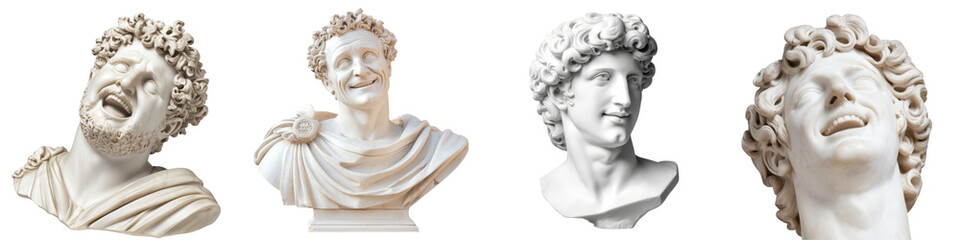 Smiling man as a marble statue, detailed face, classical style, isolated on Transparent PNG diecut