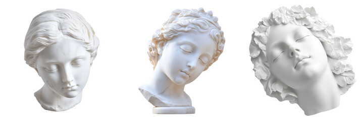 Obraz premium White marble head of young woman, close up, detailed sculpture, isolated on Transparent PNG diecut
