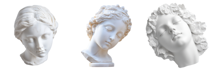 White marble head of young woman, close up, detailed sculpture, isolated on Transparent PNG diecut