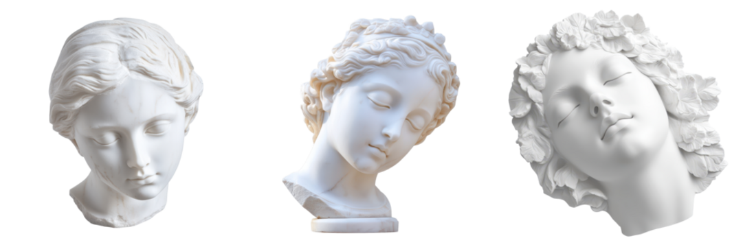 White marble head of young woman, close up, detailed sculpture, isolated on Transparent PNG diecut
