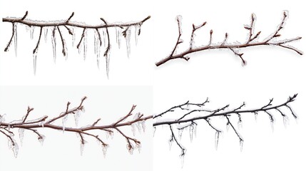 Four winter branches, coated in ice and snow, isolated on white