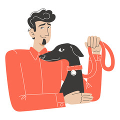 Young man and his whippet dog with similar appearance. Flat vector pet owner portrait.