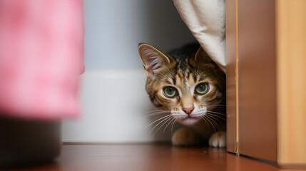 The cat is hiding beneath the closet from people. Cat engages in hide and seek. Deviant behavior in cats. Timid cat.