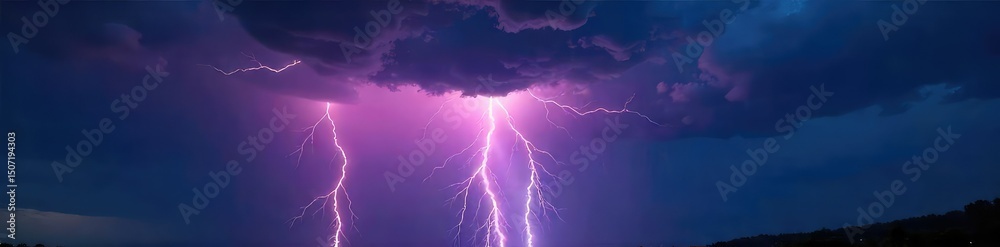 Wall mural dramatic, vibrant lightning beams illuminating a dark, stormy night sky perfect for weather, nature,