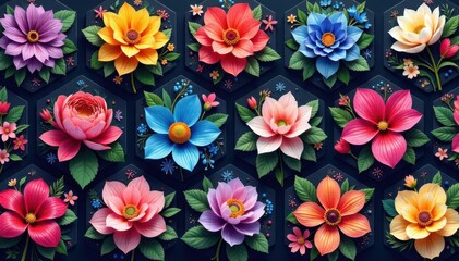 Intricate floral bouquets within hexagons, vibrant hues, surface, geometric pattern, vivid