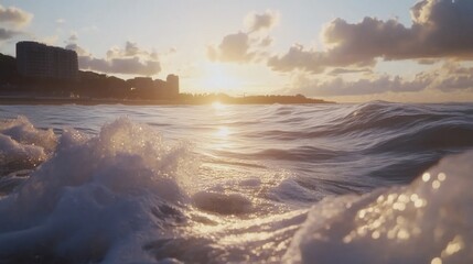 Fototapeta premium Ocean Sunset Waves Crashing Shore Golden Hour