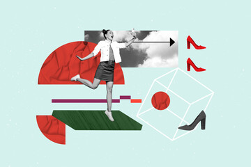 Banner art collage of person stand make selfie phone near cube with high heels on blue color...