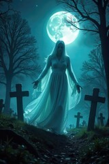 Obraz premium Ethereal spectral figure drifting through a moonlit graveyard, wispy and translucent, conveying a sense of mystery and the supernatural , apparition, shadow, moonlight