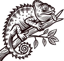 Intricate black and white of a chameleon on a branch with detailed textures and expressive eyes