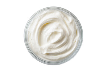 Creamy dairy product in a glass bowl.