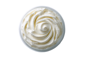Whipped cream in a glass bowl.