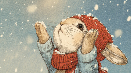 Winter rabbit enjoying snowfall in charming winter attire celebrating the magic of the season